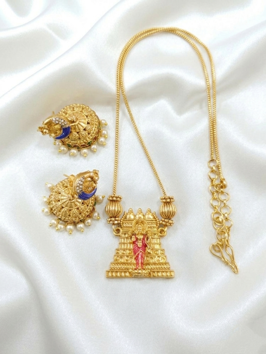 Enamel Lakshmi Gopuram Mid Long Necklace Set