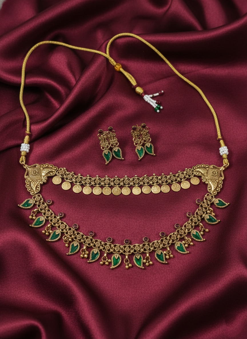 Matte Finish Mango Palakka Coin Double Layer Necklace Set