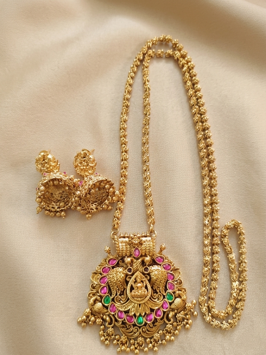 Lakshmi Pendant Long Necklace Set V2