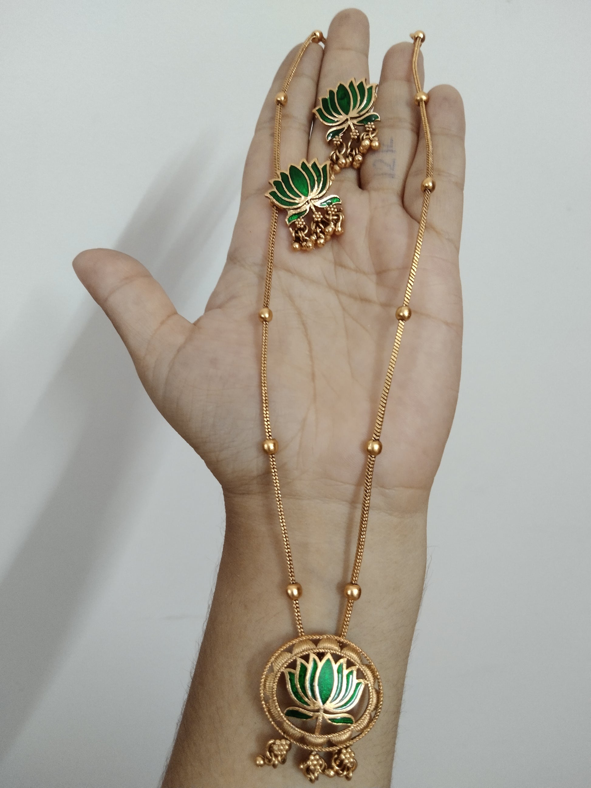 Lotus Pendant Long Necklace Set