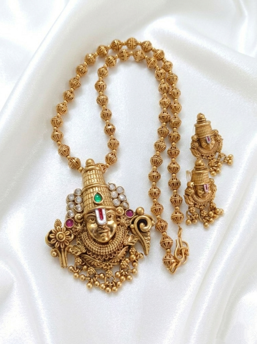 Tirupati Balaji Pendant Mid Necklace Set