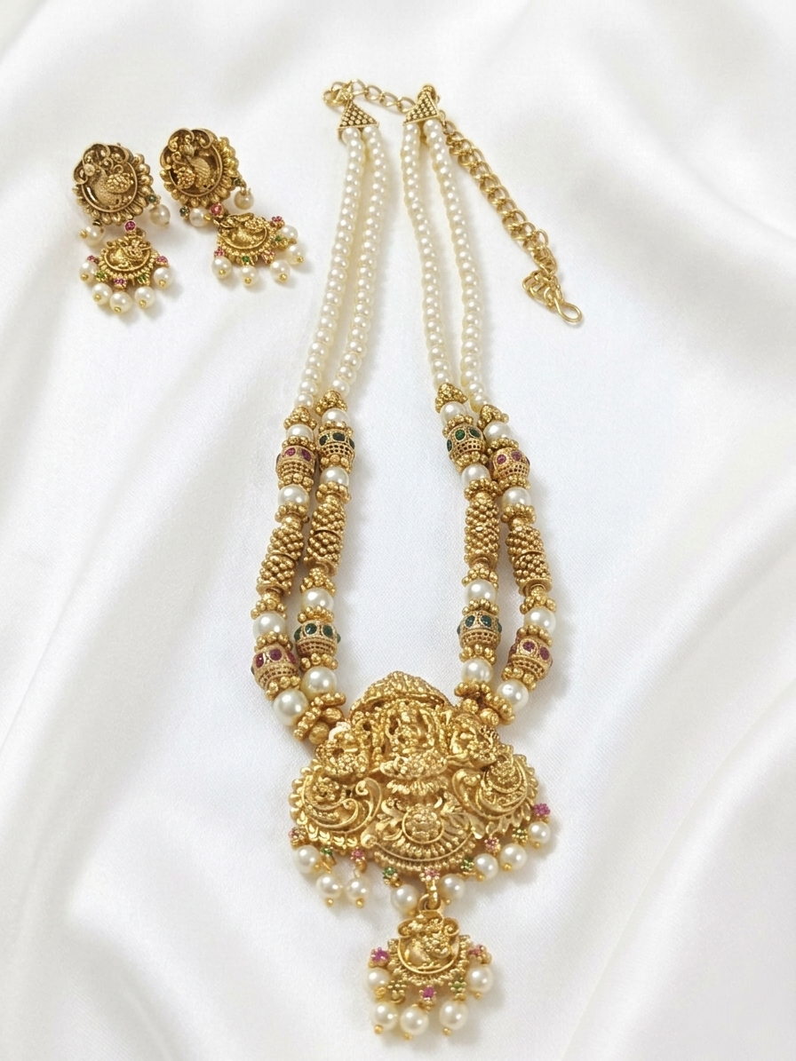 Lakshmi Pendant Pearl Mid Long Necklace Set V6
