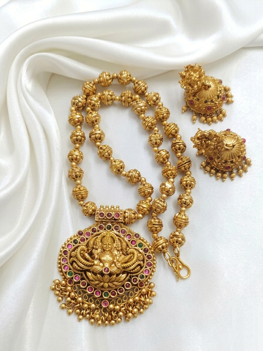 Lakshmi Pendant Mid Long Necklace Set V26