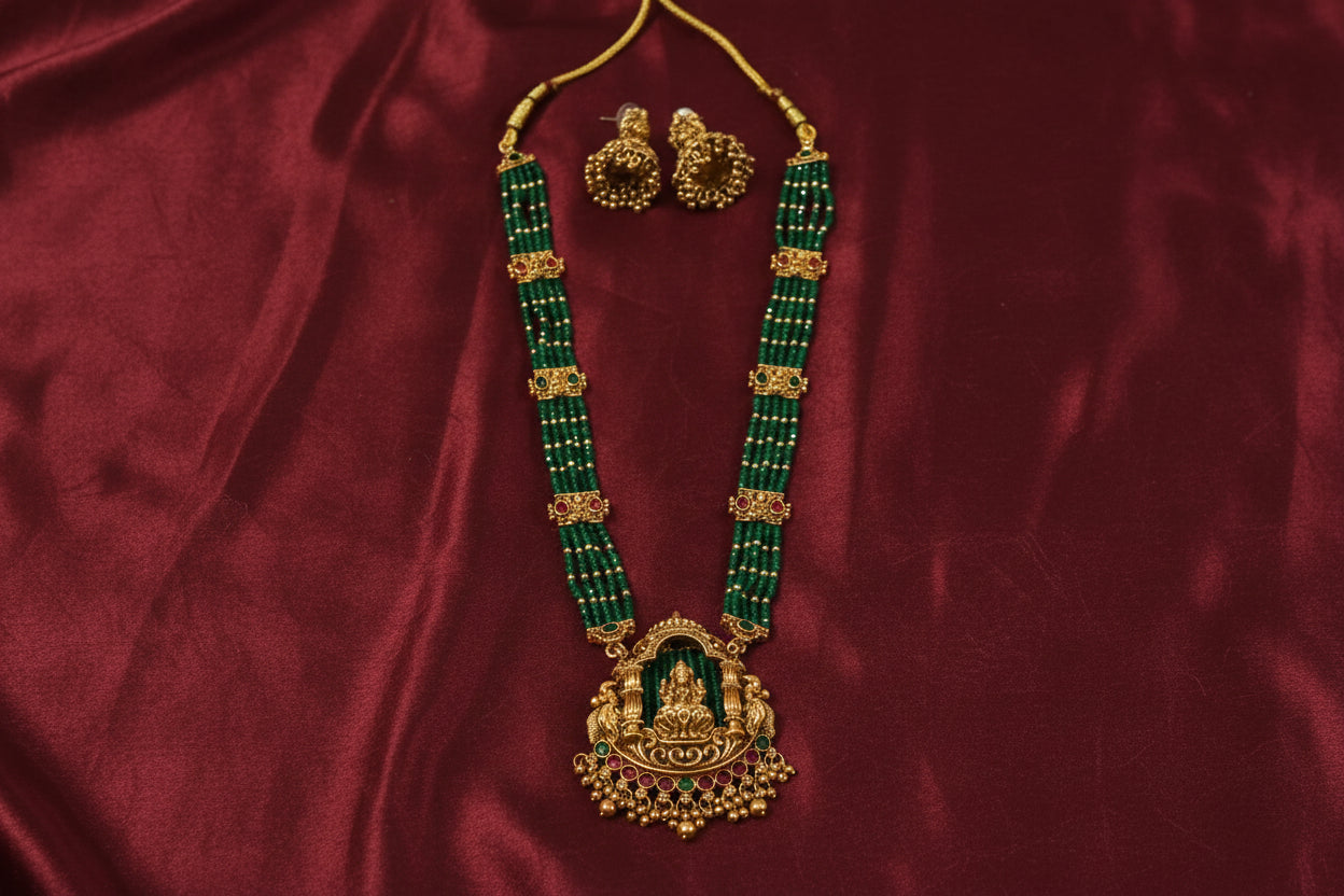 Green Bead Lakshmi Pendant Long Necklace Set V2