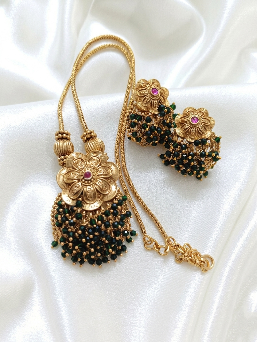 Green Flower Pendant Mid Long Necklace Set