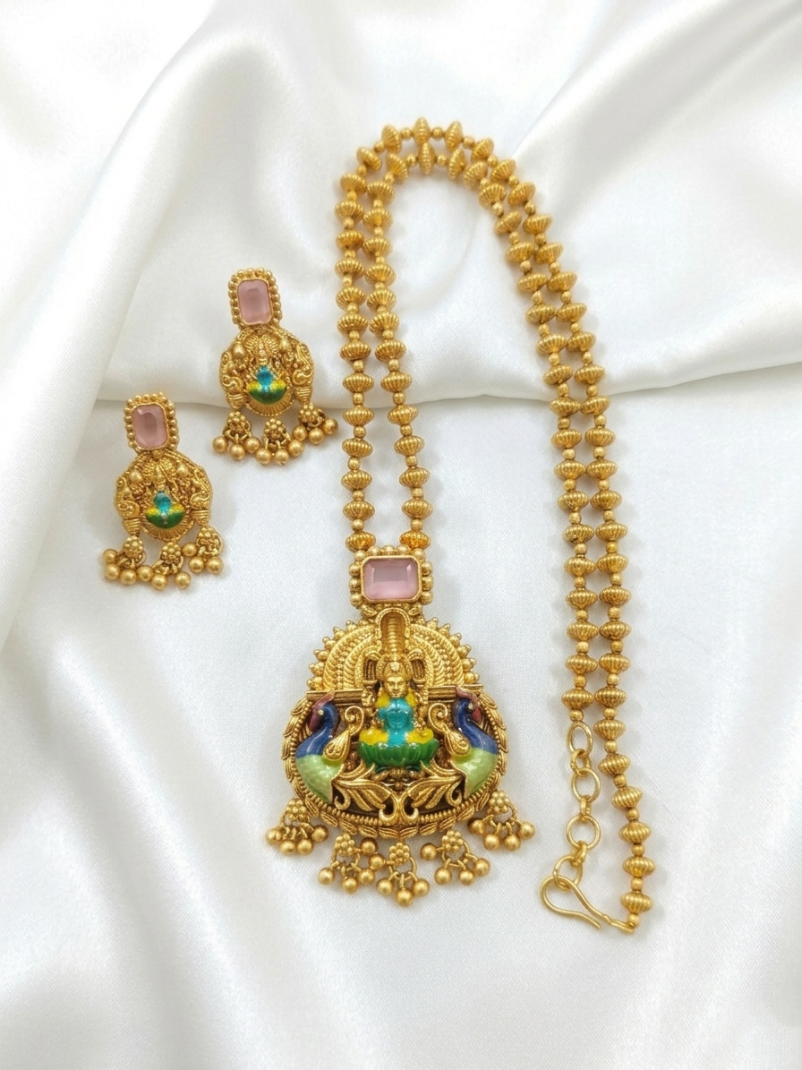 Enamel Lakshmi Pendant AD Stone Mid Long Necklace Set V1