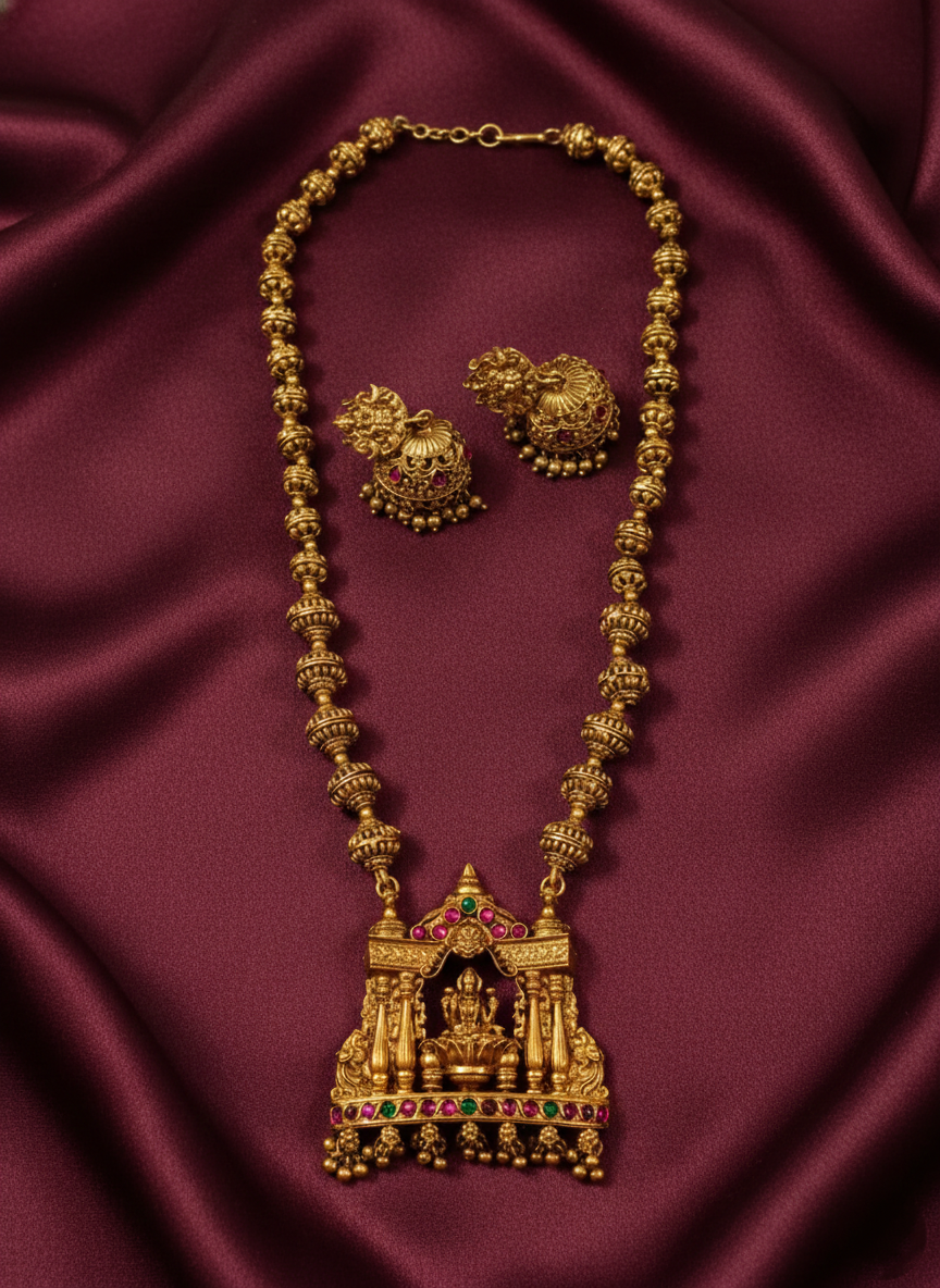 Temple Lakshmi Mid Long Necklace Set V3