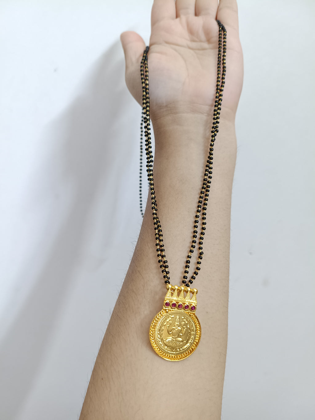Micro Polish 2 Layer Black Bead With Lakshmi Coin Pendant (Detachable)