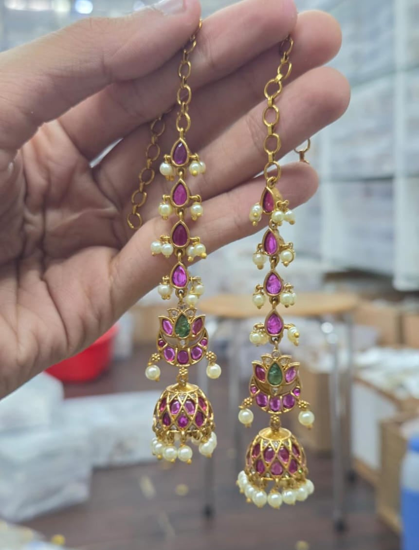 Traditional Kemp Stone Jhumka Attached Mattal Earring