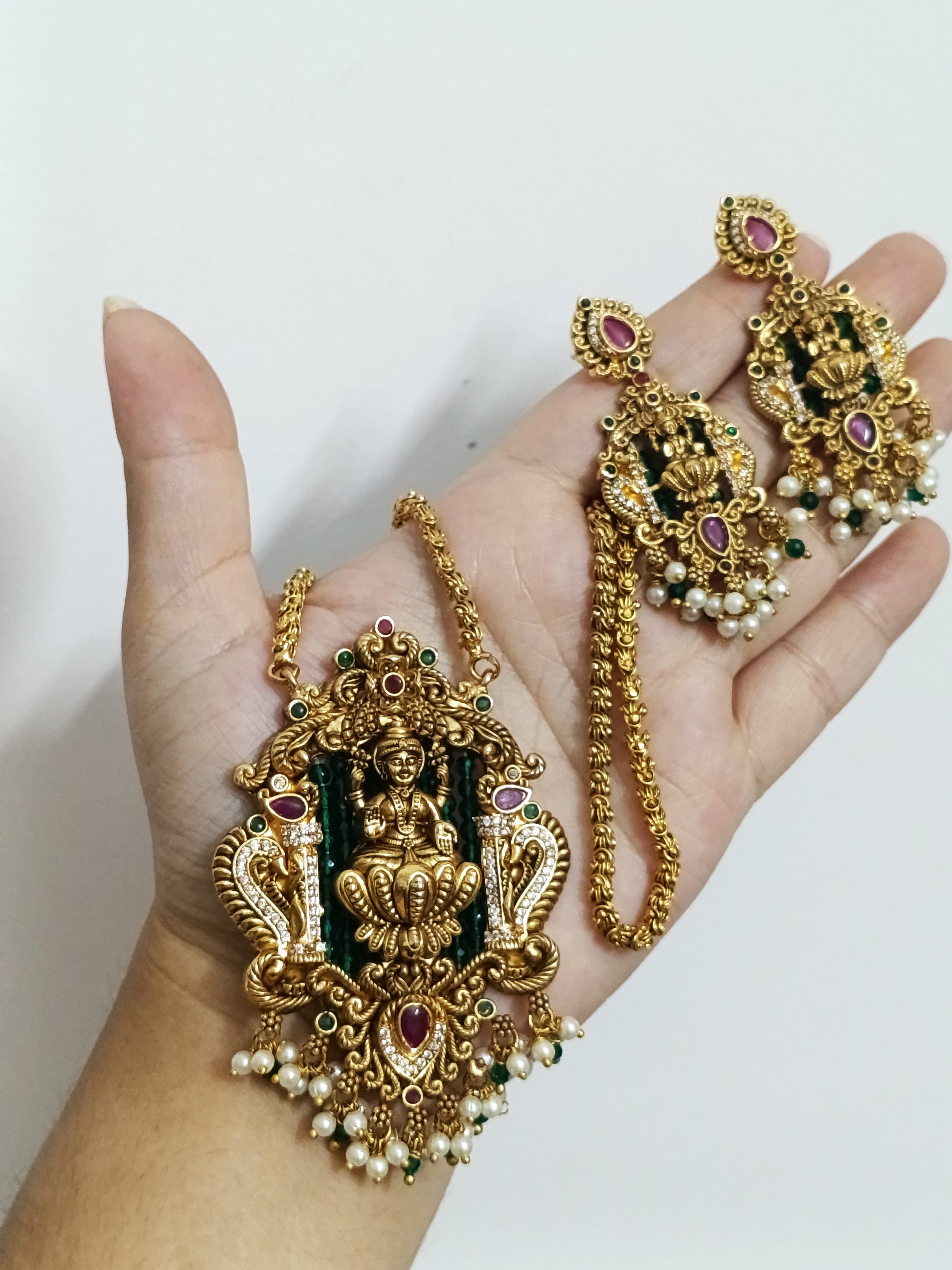 Premium Quality Lakshmi Pendant Mid Long Necklace Set V3