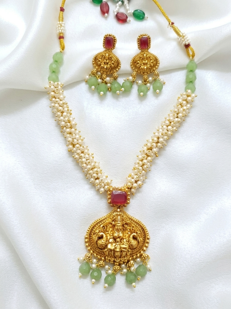 Temple Lakshmi Pearl Necklace Set