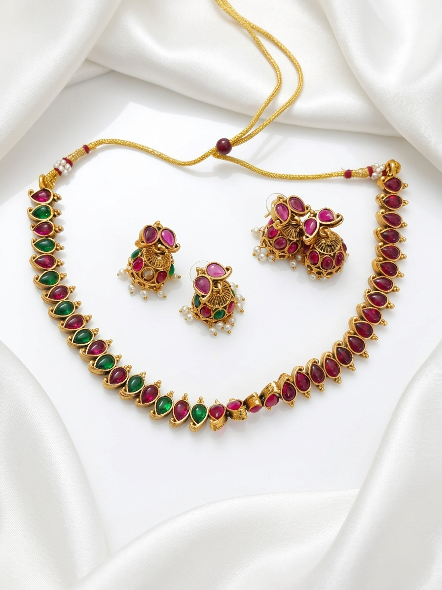 Matte Finish Reversible Kempstone Mango Necklace Set V1
