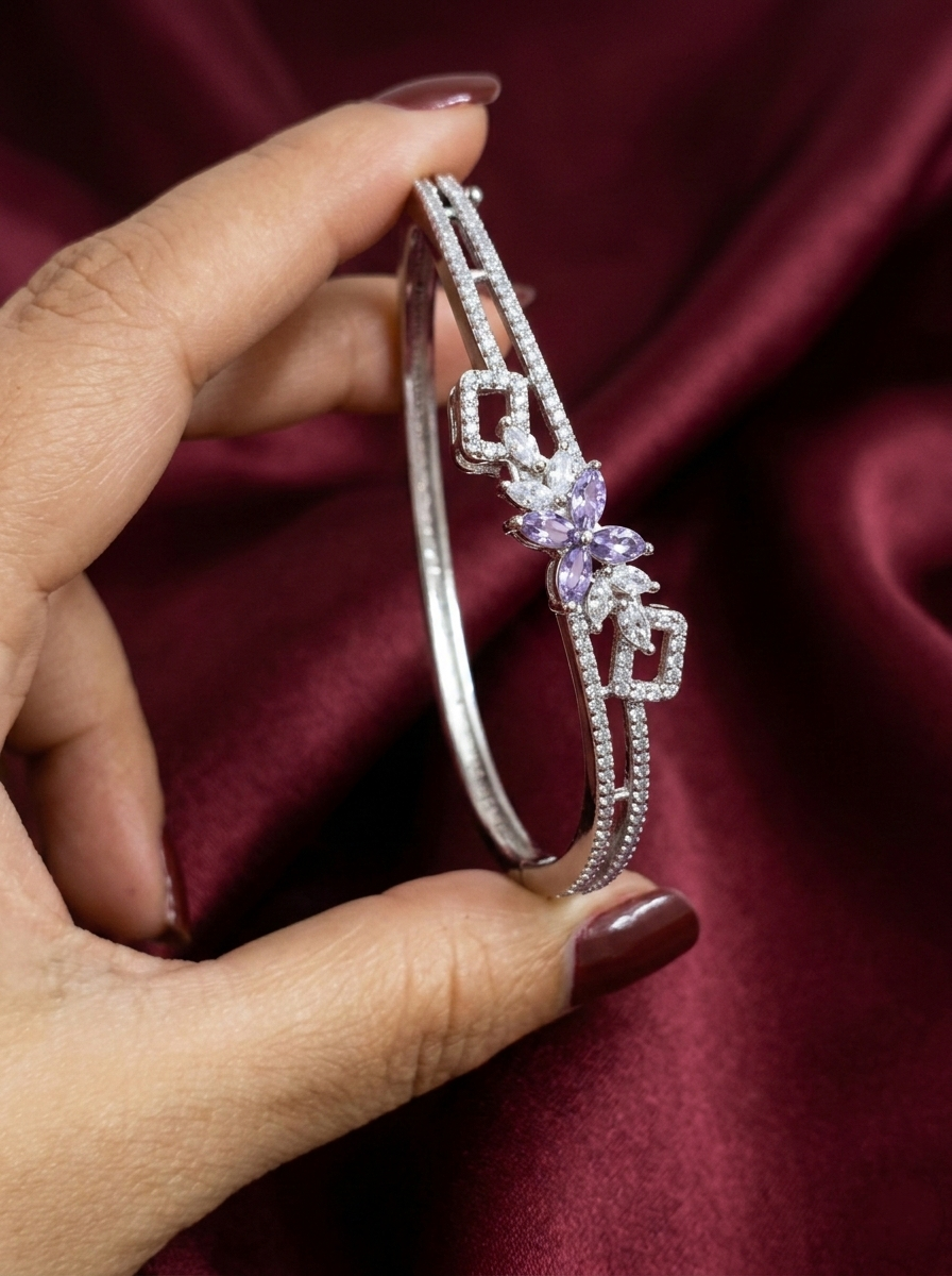 Rhodium Polish AD Flower Open Bangle