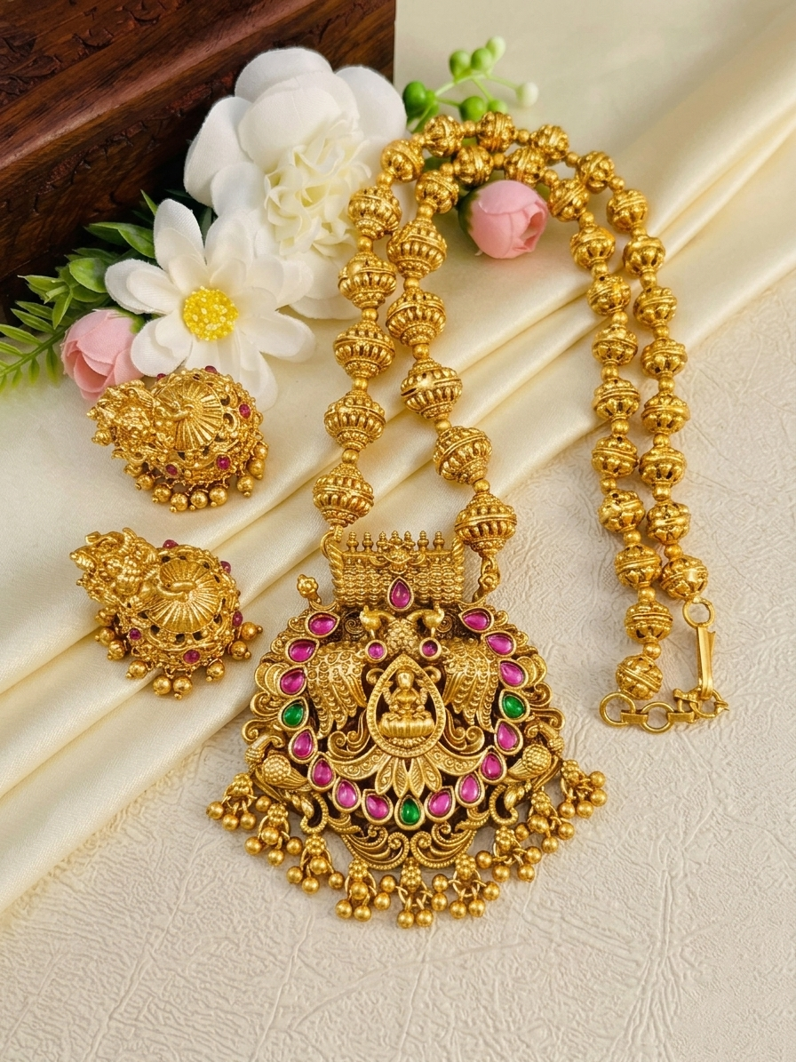 Temple Lakshmi Mid long Necklace Set V6