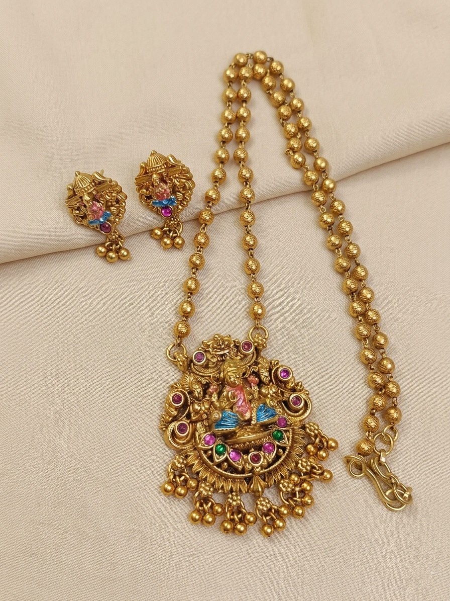 Enamel Lakshmi Pendant Mid Long Necklace Set V22