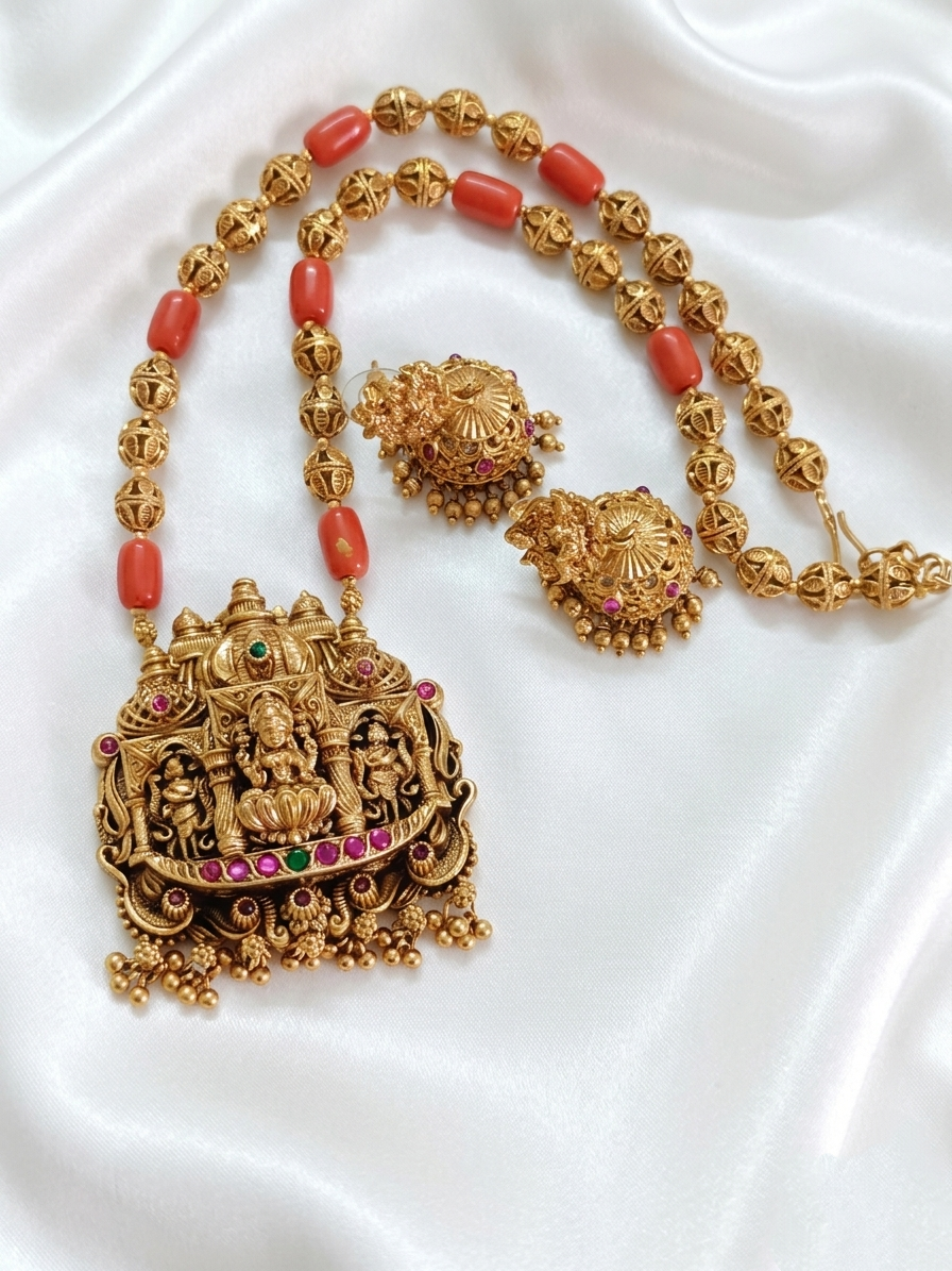 Lakshmi Coral Mid Long Necklace Set V6