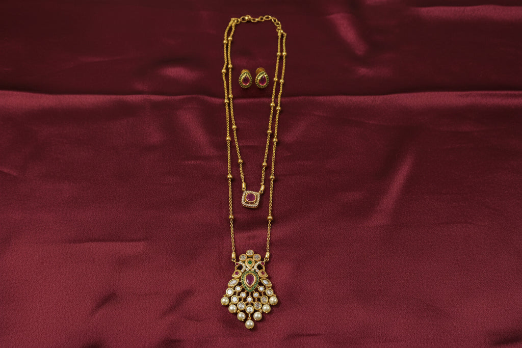 2 Layer AD Stone Pendant Long Necklace Set
