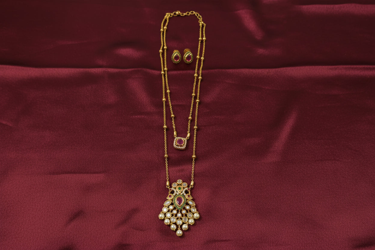 2 Layer AD Stone Pendant Long Necklace Set