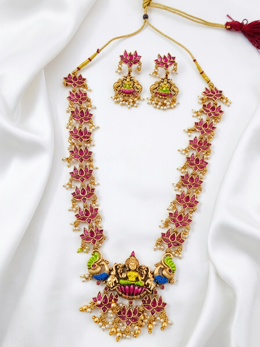 Enamel Lakshmi Lotus Long Necklace Set