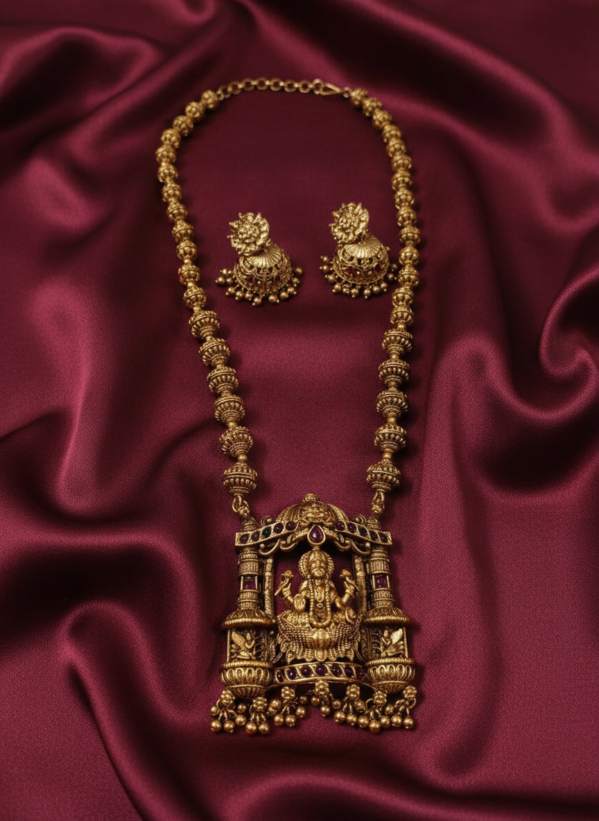 Temple Lakshmi Mid Long Necklace Set V4