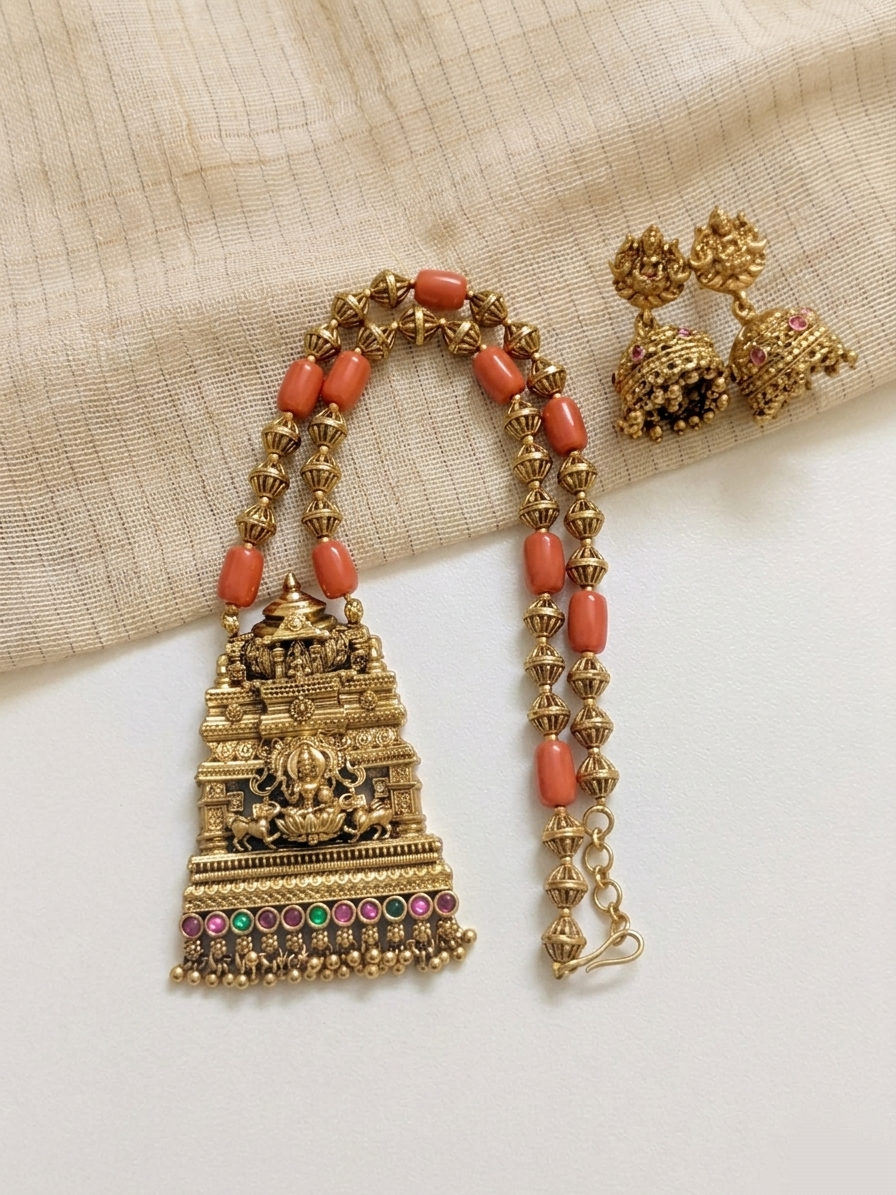 Mahalakshmi Coral Mid Long Necklace Set