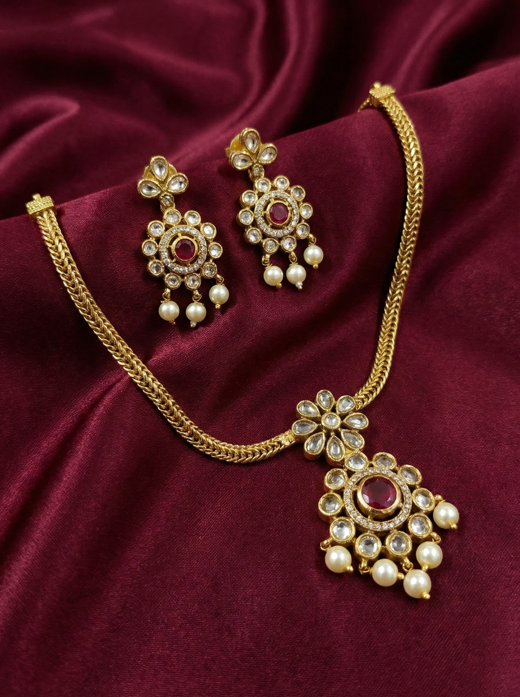 Low Budget Kundan Floral Pendant Necklace Set