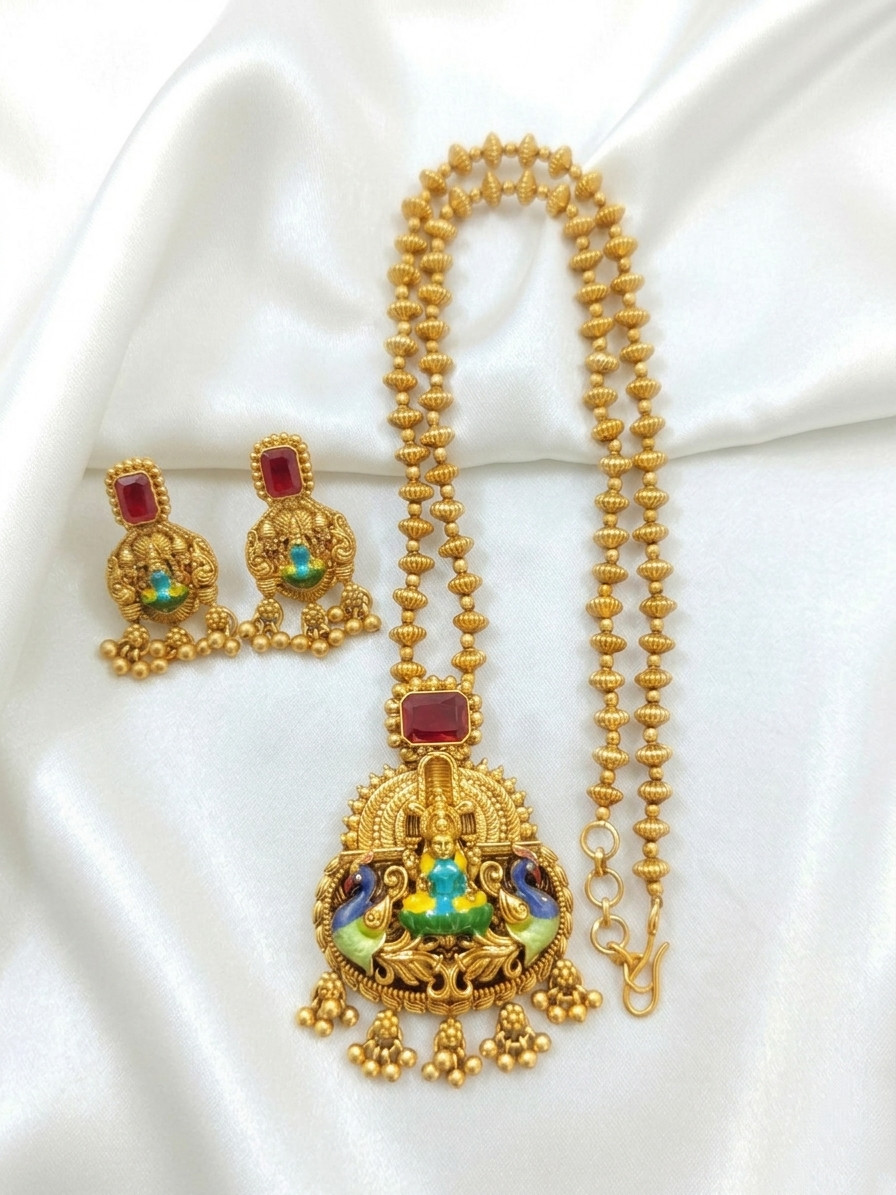 Enamel Lakshmi Pendant AD Stone Mid Long Necklace Set V1