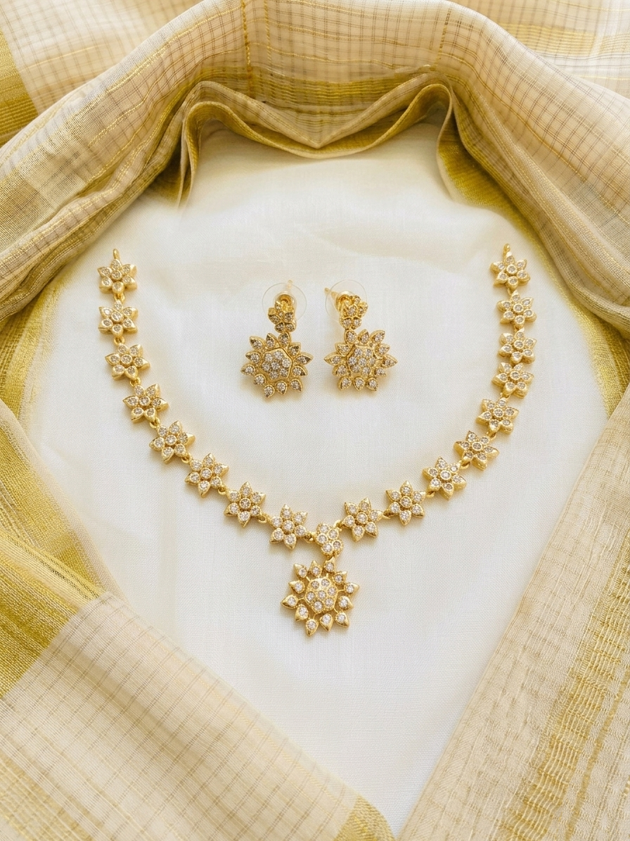Matte Finish AD Star Floral Necklace Set