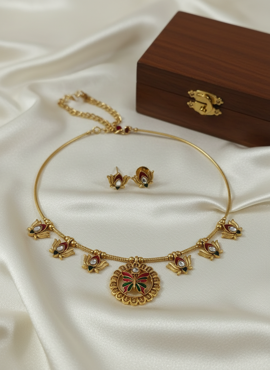 Temple Jewelry Necklace Set on Cream Satin with Wooden Box