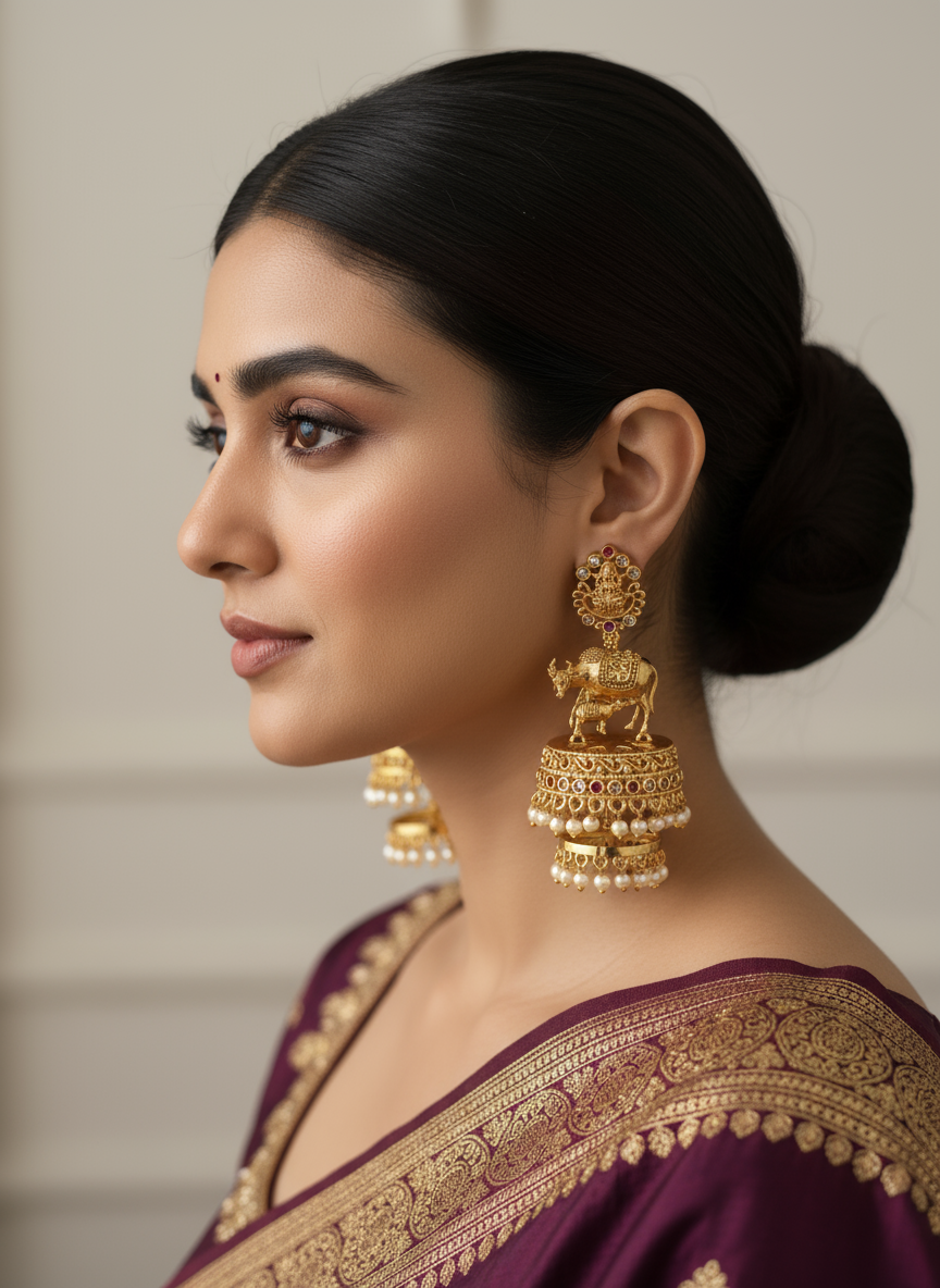 Woman wearing gold jhumka earrings